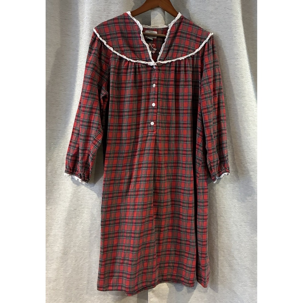 Lanz‎ Of Salzburg Flannel Long Nightgown Granny Red Plaid Lace Trim Size Large